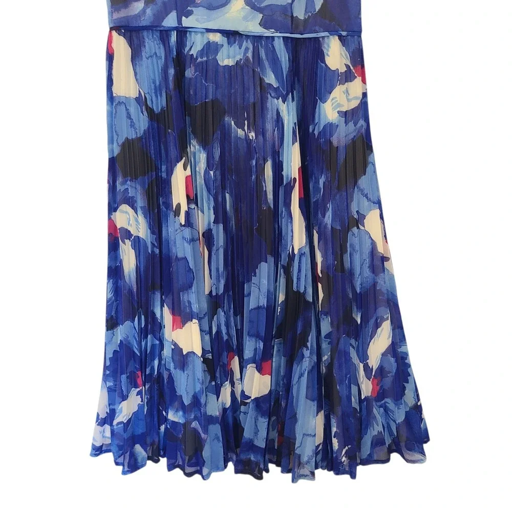 Maggy London Blue Floral Watercolor Pleated Midi Dress Womens Size 8 Sleeveless - Picture 3 of 7